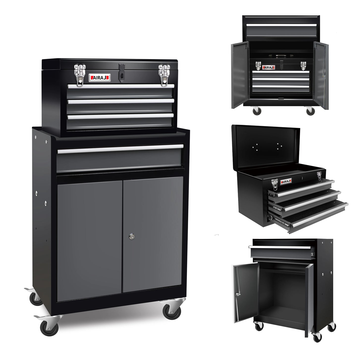 Double door four drawer rolling tool chest, lockable detachable top large tool cabinet, padded metal toolbox