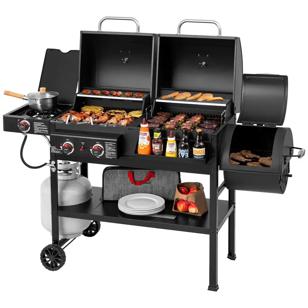 Gas and Charcoal Grill Combo with Offset Smoker amp Side Burner, 34,000 BTU Dual Fuel Grill, 1020 Sq. In. Cooking Area, Ideal f