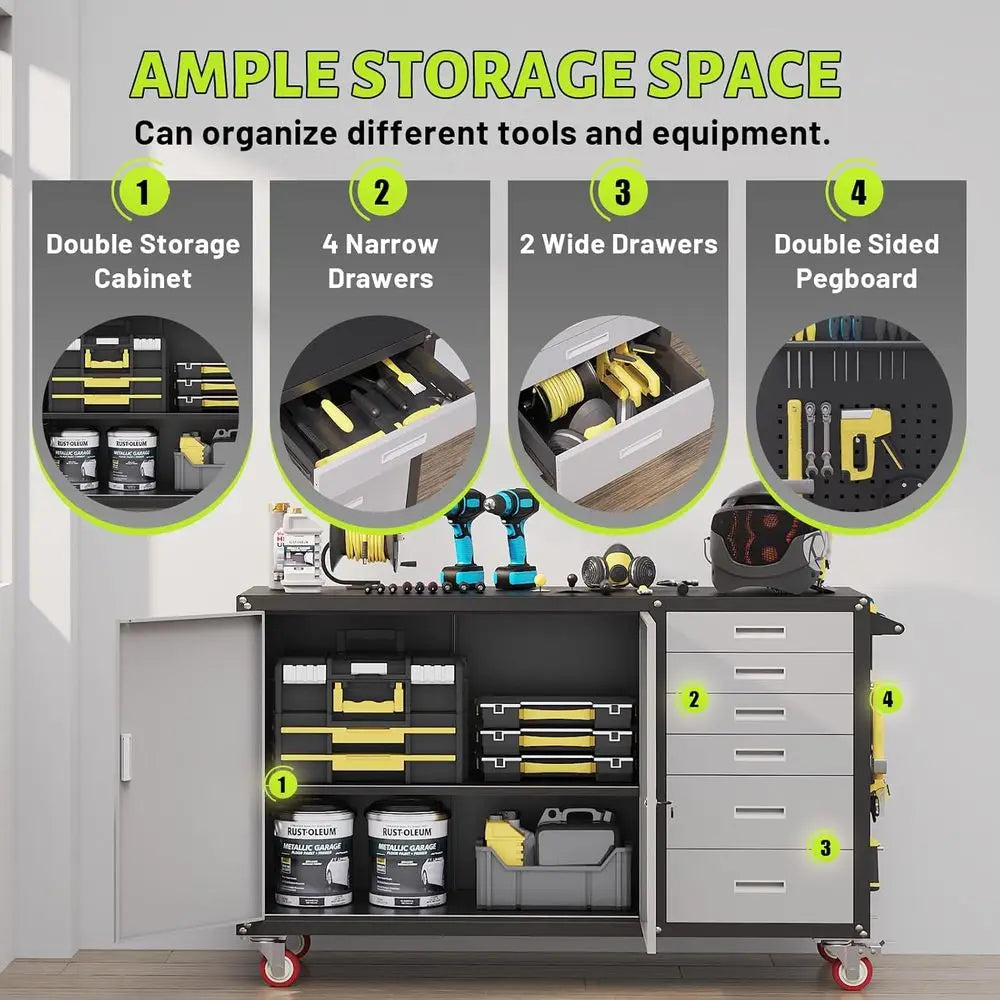 Heavy-Duty 55W Rolling Workbench with 1000 lbs Capacity, Lockable Storage Cabinet, Adjustable Shelves, and Pegboard for Garage/R