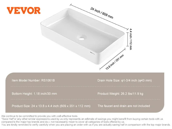 Rectangle Vessel Sink Bathroom Vessel Sink Countertop White Ceramic Bathroom Sinks Above Counter for Bathroom/Toilet