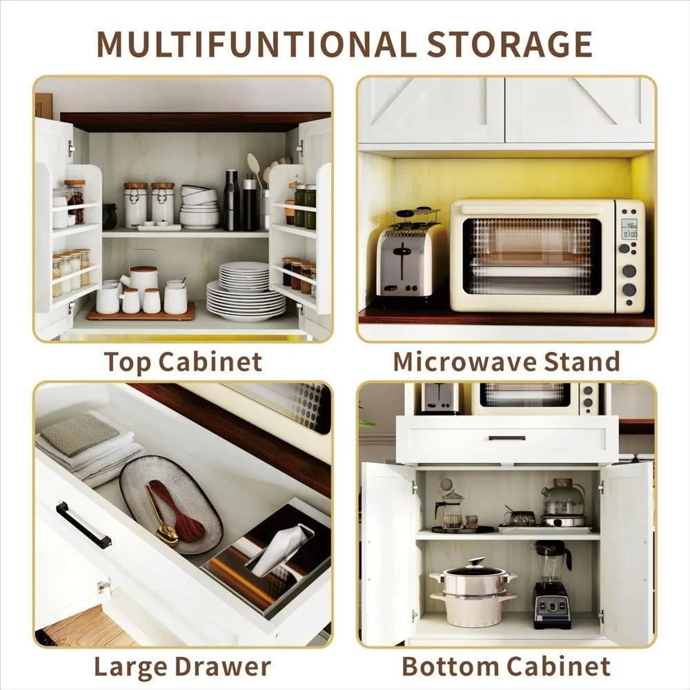 71 Farmhouse Kitchen Pantry Cabinet with Hutch & Charging Station - 41.34 Wide Storage with Microwave Stand, Door Spice Racks fo