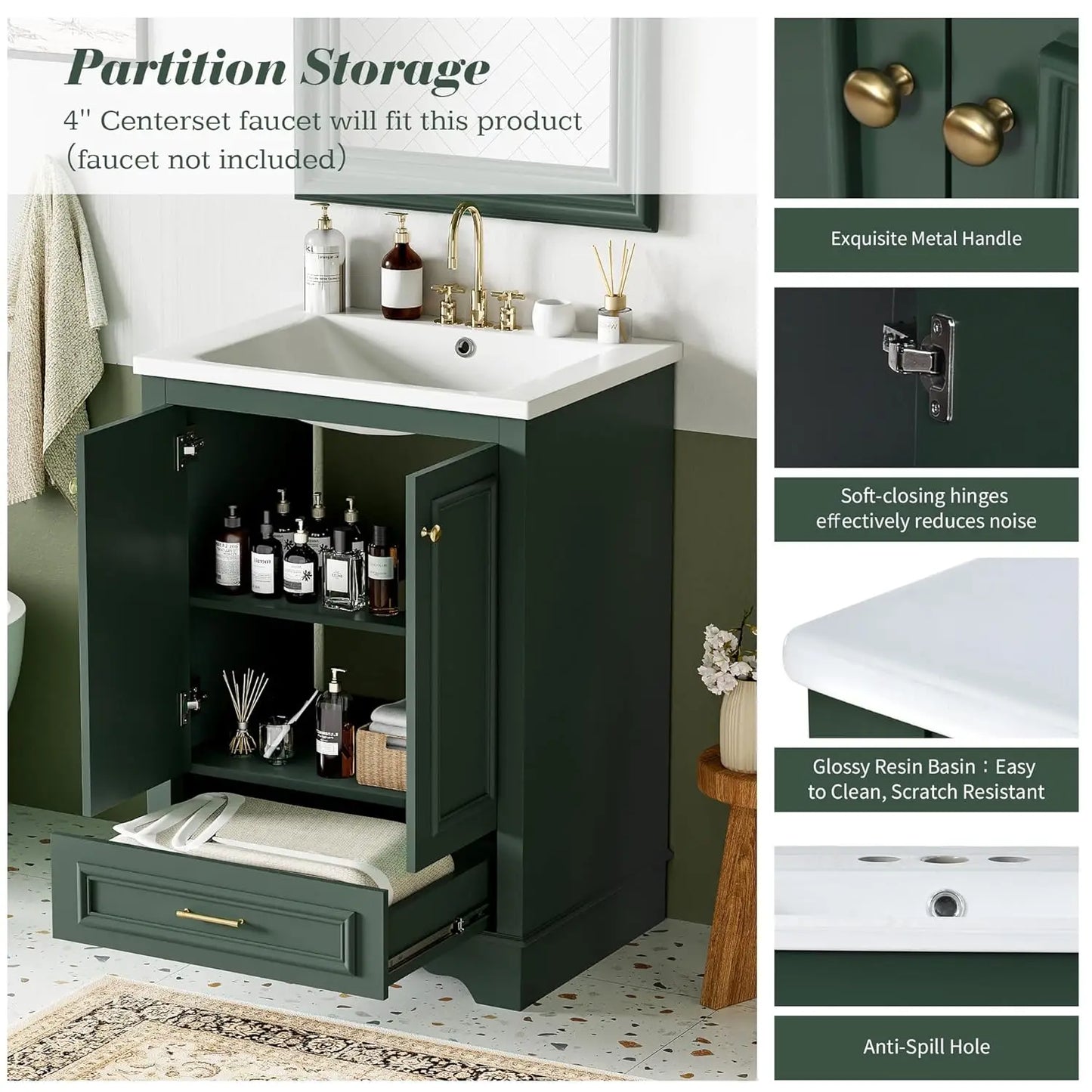 24in Wood Bathroom Vanity Cabinet with Ceramic Sink Adjustable Shelf Drawer, Customized